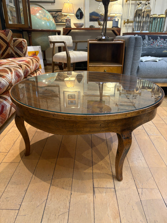 Italian Round Wood & Glass Top Coffee Table