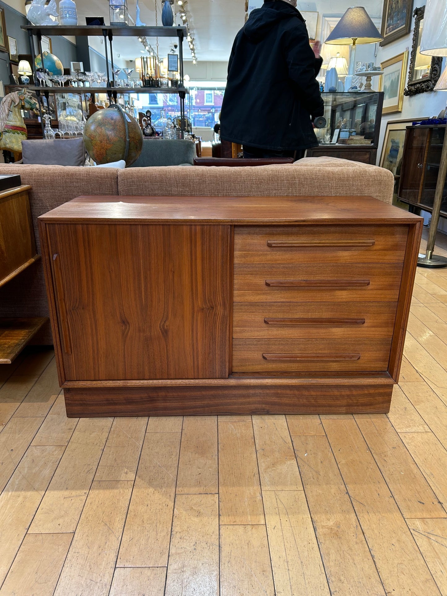 Teak 4 Drawer Console with Sliding Door Cabinet