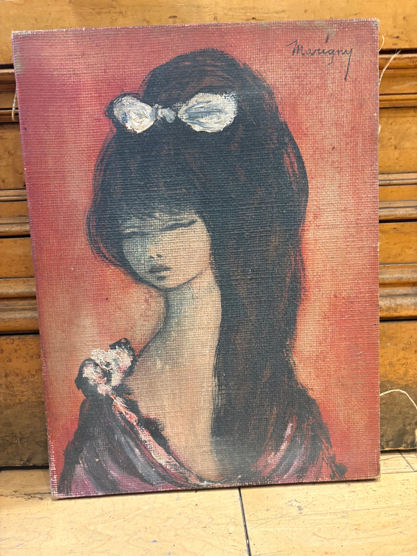 Signed Painting of Girl with Bow