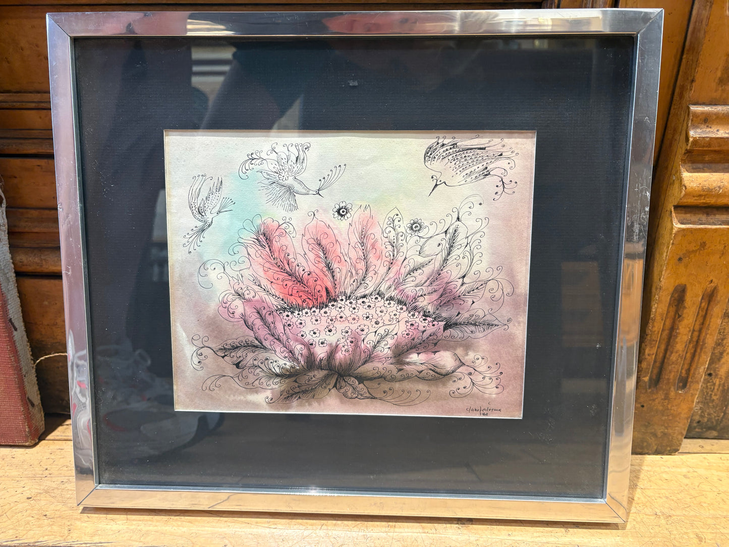 '68 Signed Clara Ledesma Ink and Watercolor Illustration