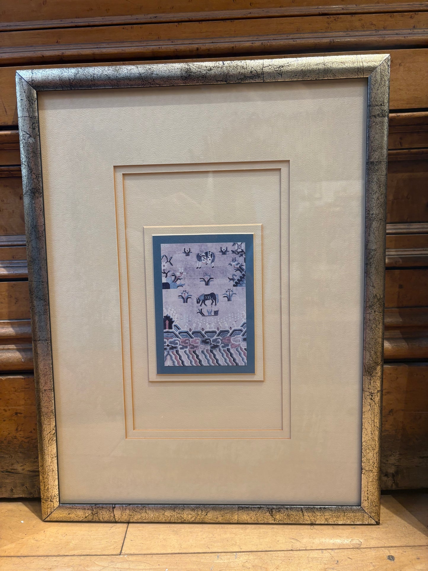 Tiny Asian Print of Horses in Silver Crackle Frame