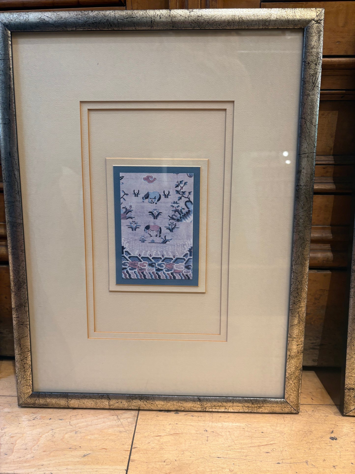 Tiny Asian Print of Horses in Silver Crackle Frame