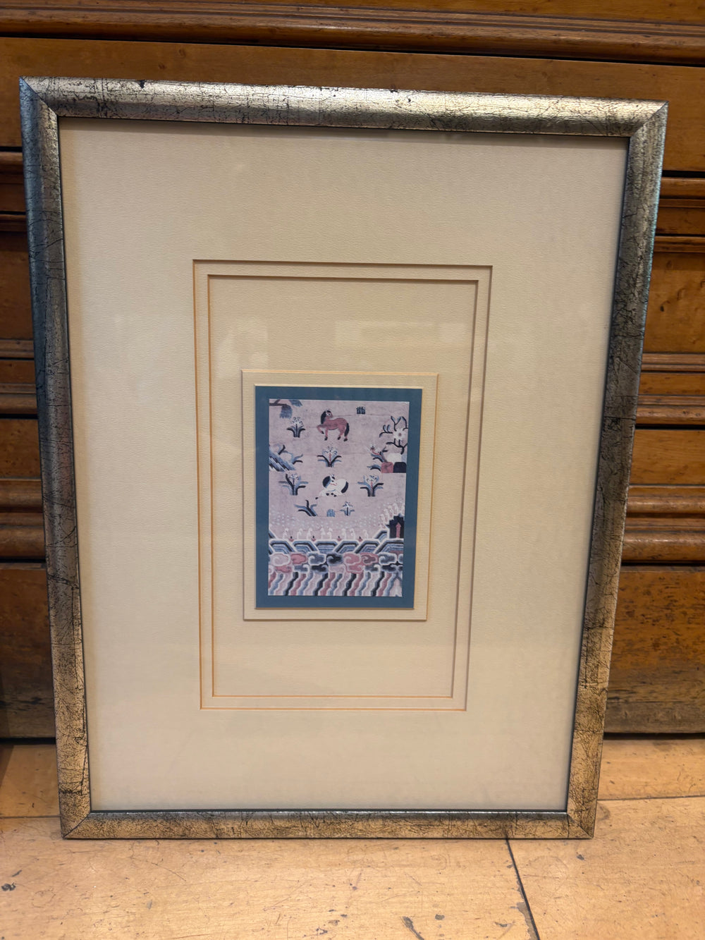 Tiny Asian Print of Horses in Silver Crackle Frame
