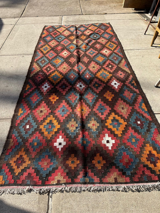 Vintage Wool Woven Red Diamonds Rug 55"x129"