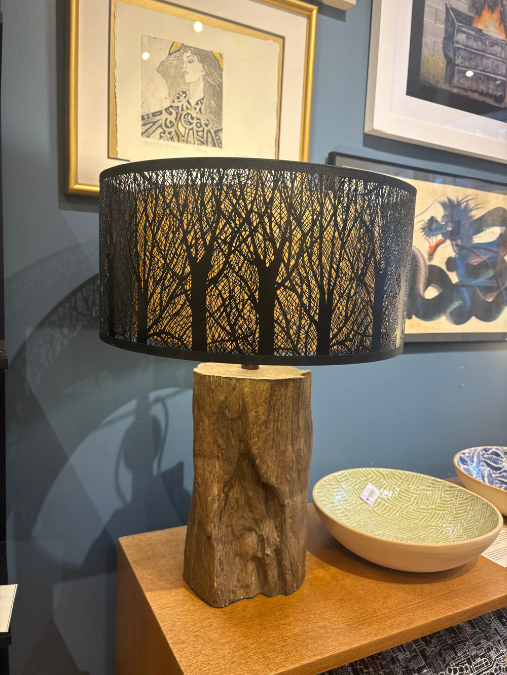 Driftwood Lamp with Forest Silhouette Shade