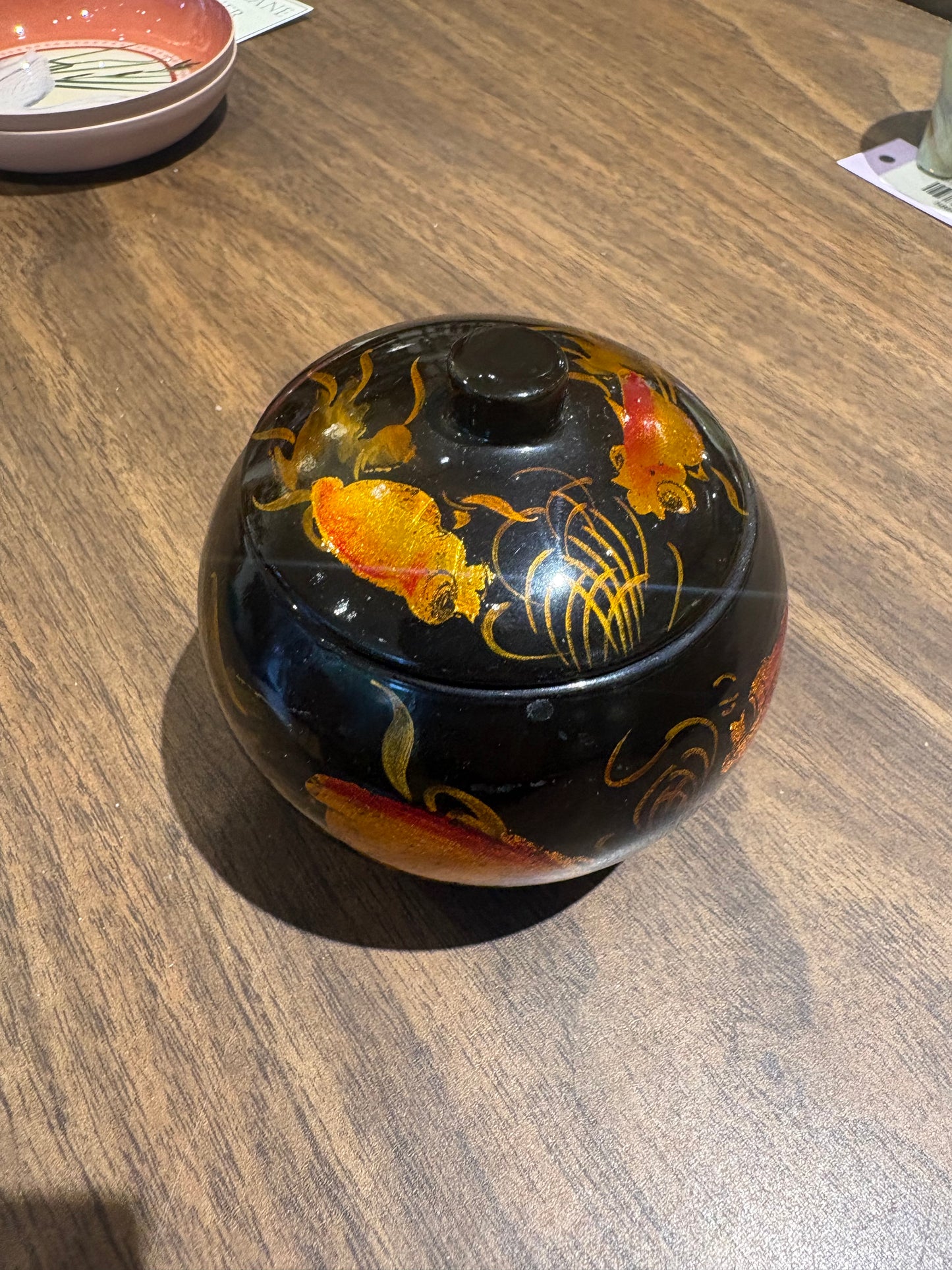 Round Black Painted Lacquered Box with Fish