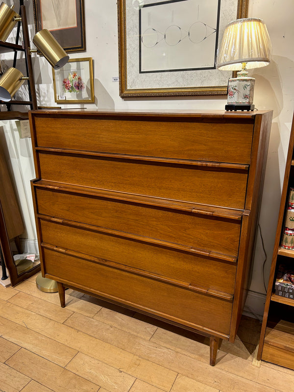 Walnut Tall Dresser with Rattan Wrapped Pulls