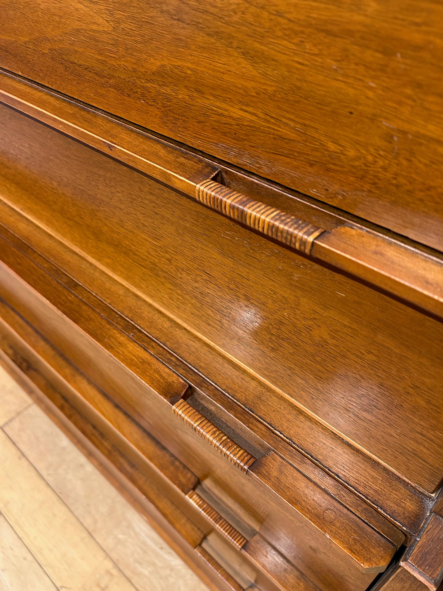 Walnut Tall Dresser with Rattan Wrapped Pulls