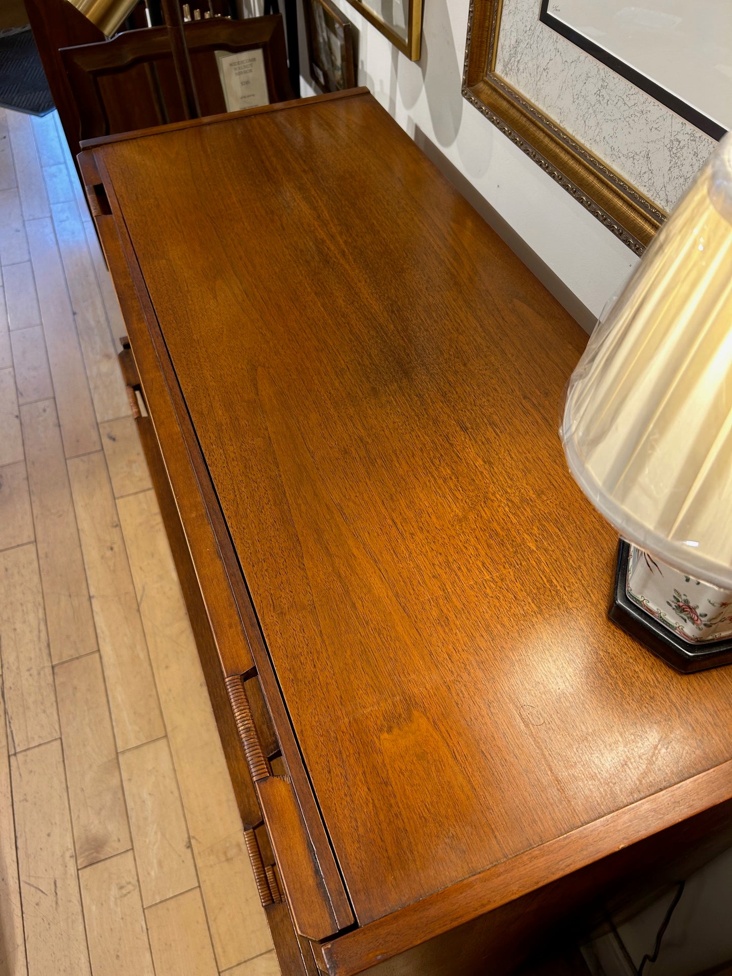 Walnut Tall Dresser with Rattan Wrapped Pulls