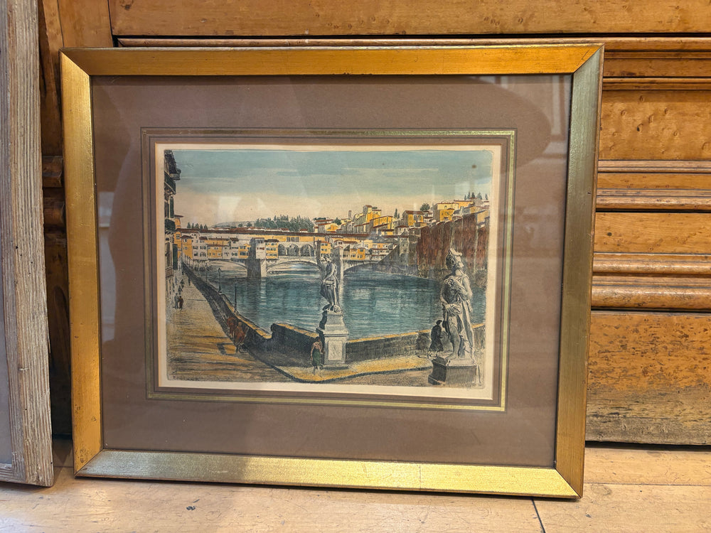 Bela Sziklay Hand Colored Etching of Firenze Florence