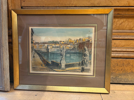 Bela Sziklay Hand Colored Etching of Firenze Florence