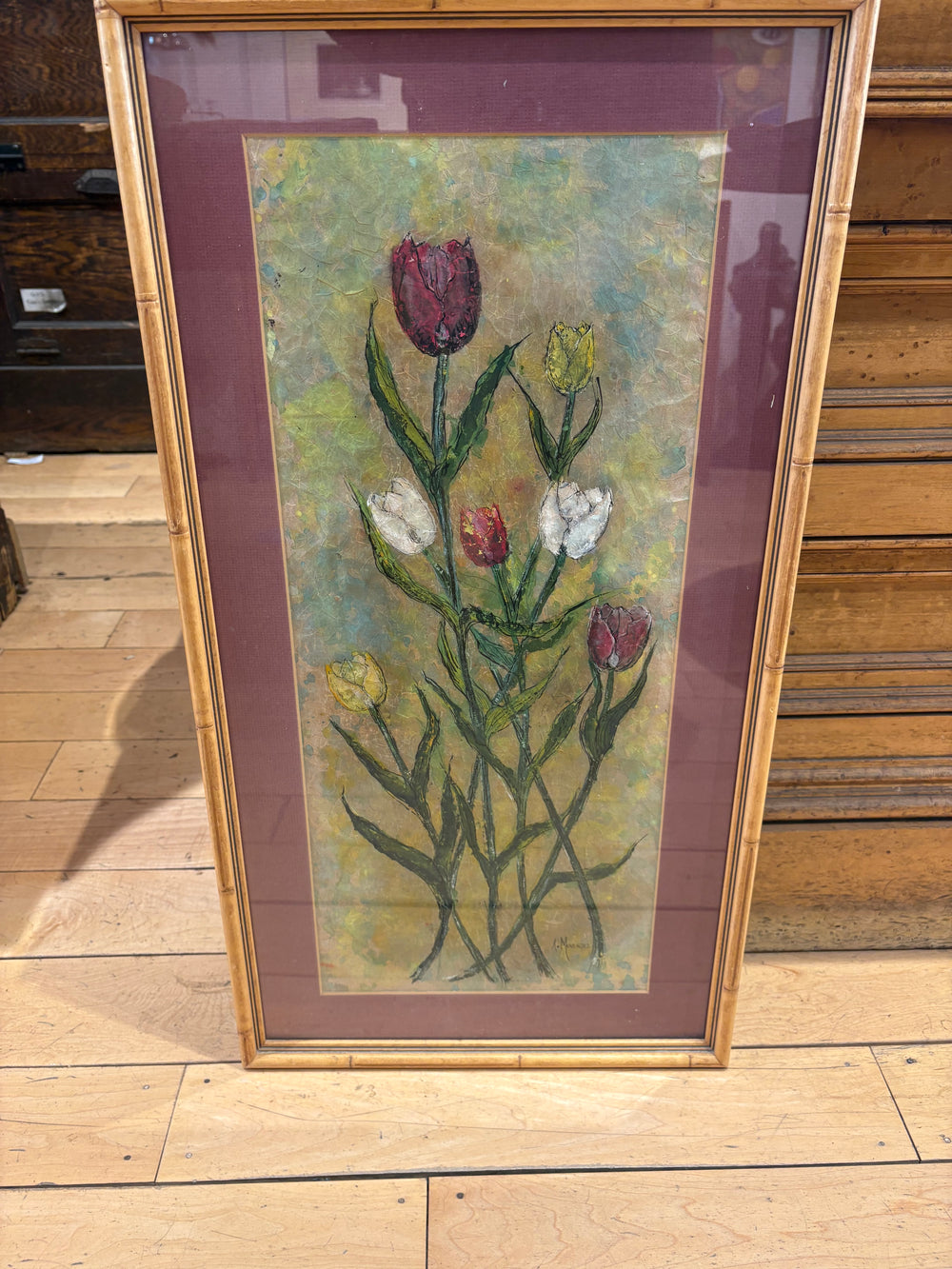 Signed A. Menendez "Tulips" Ink and Paint on Textured Parchment