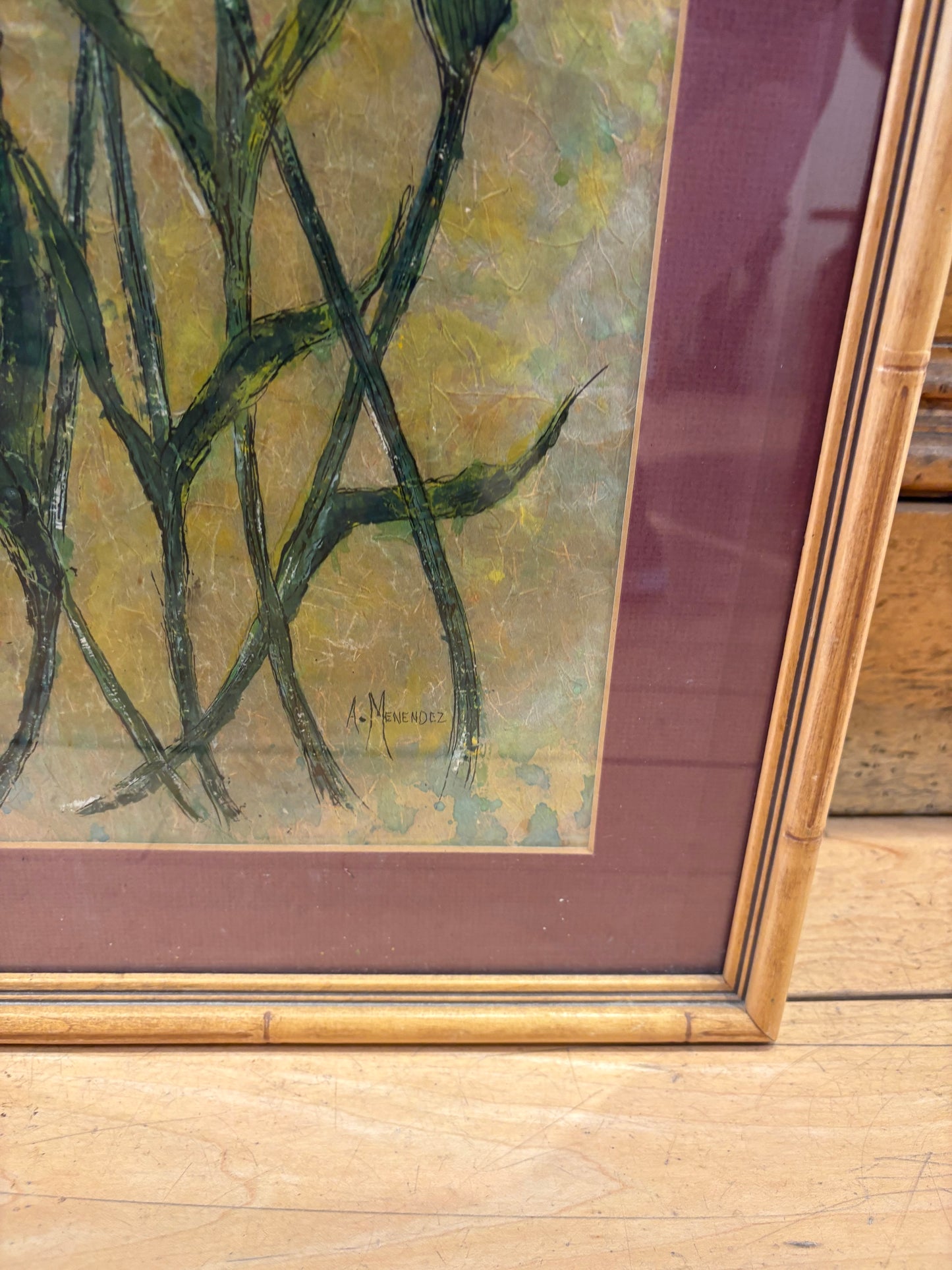 Signed A. Menendez "Tulips" Ink and Paint on Textured Parchment