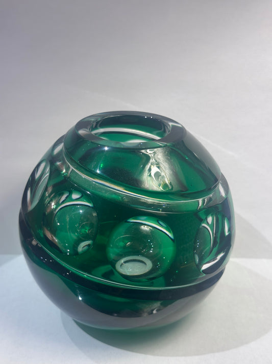 Round Green Etched Glass Vase