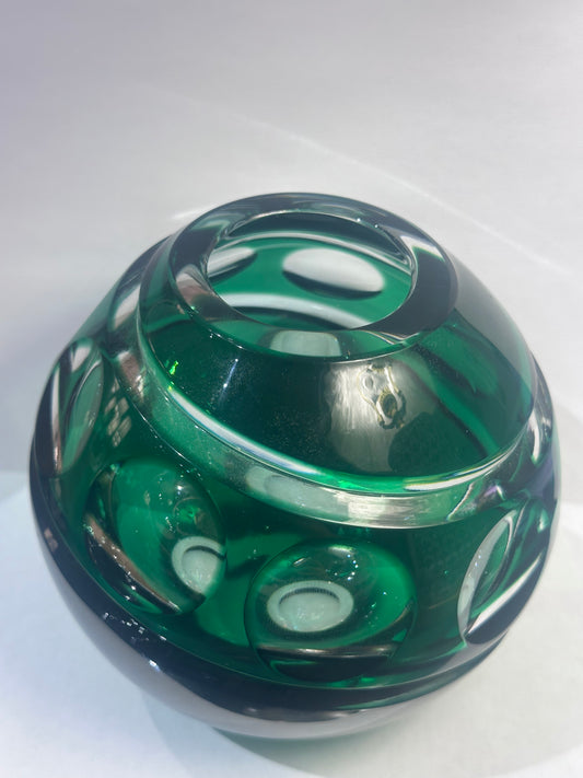 Round Green Etched Glass Vase