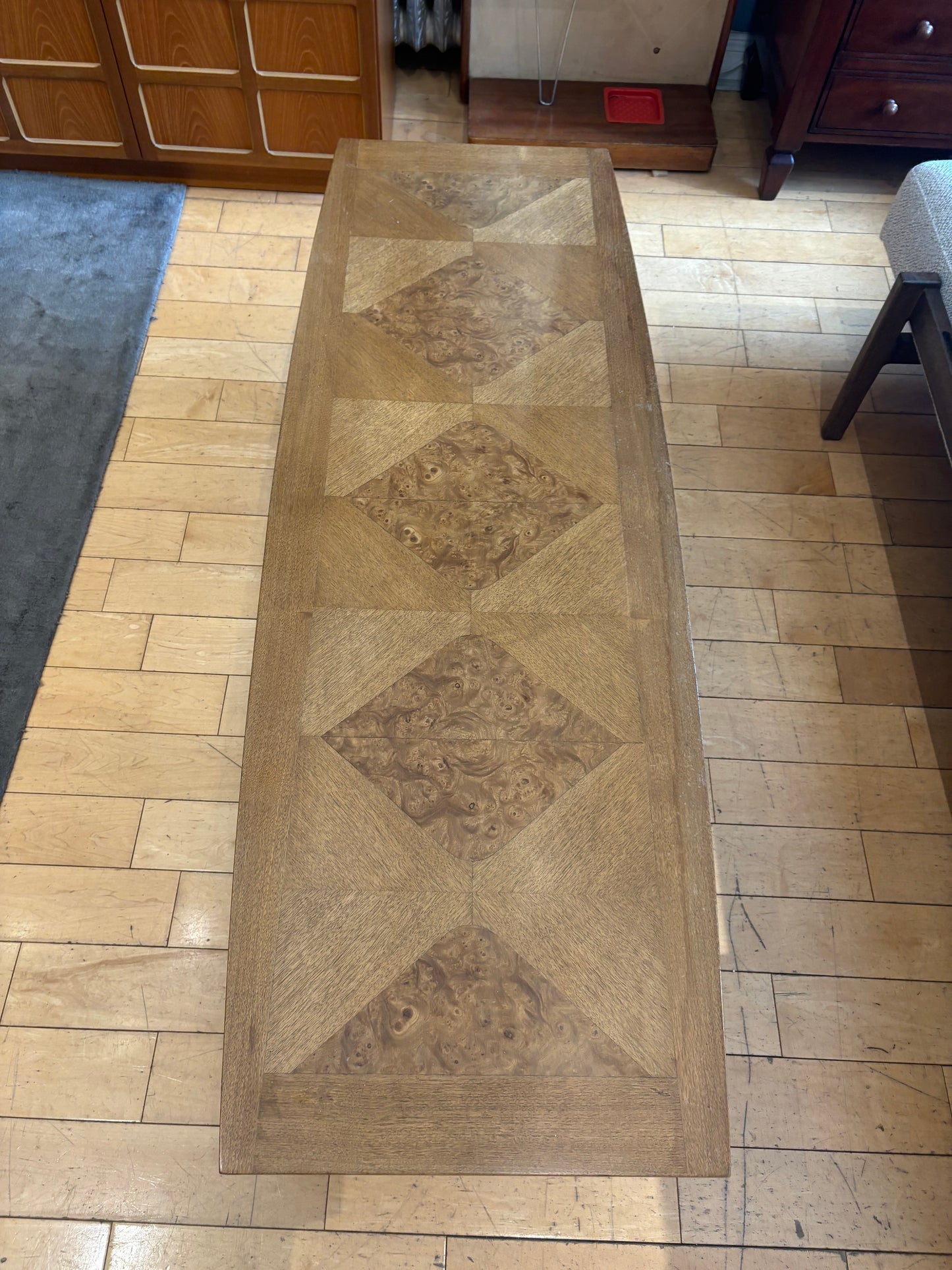 Walnut Coffee Table with Diamond Pattern and Brass Detail