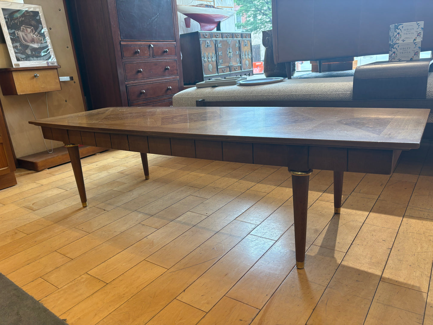 Walnut Coffee Table with Diamond Pattern and Brass Detail