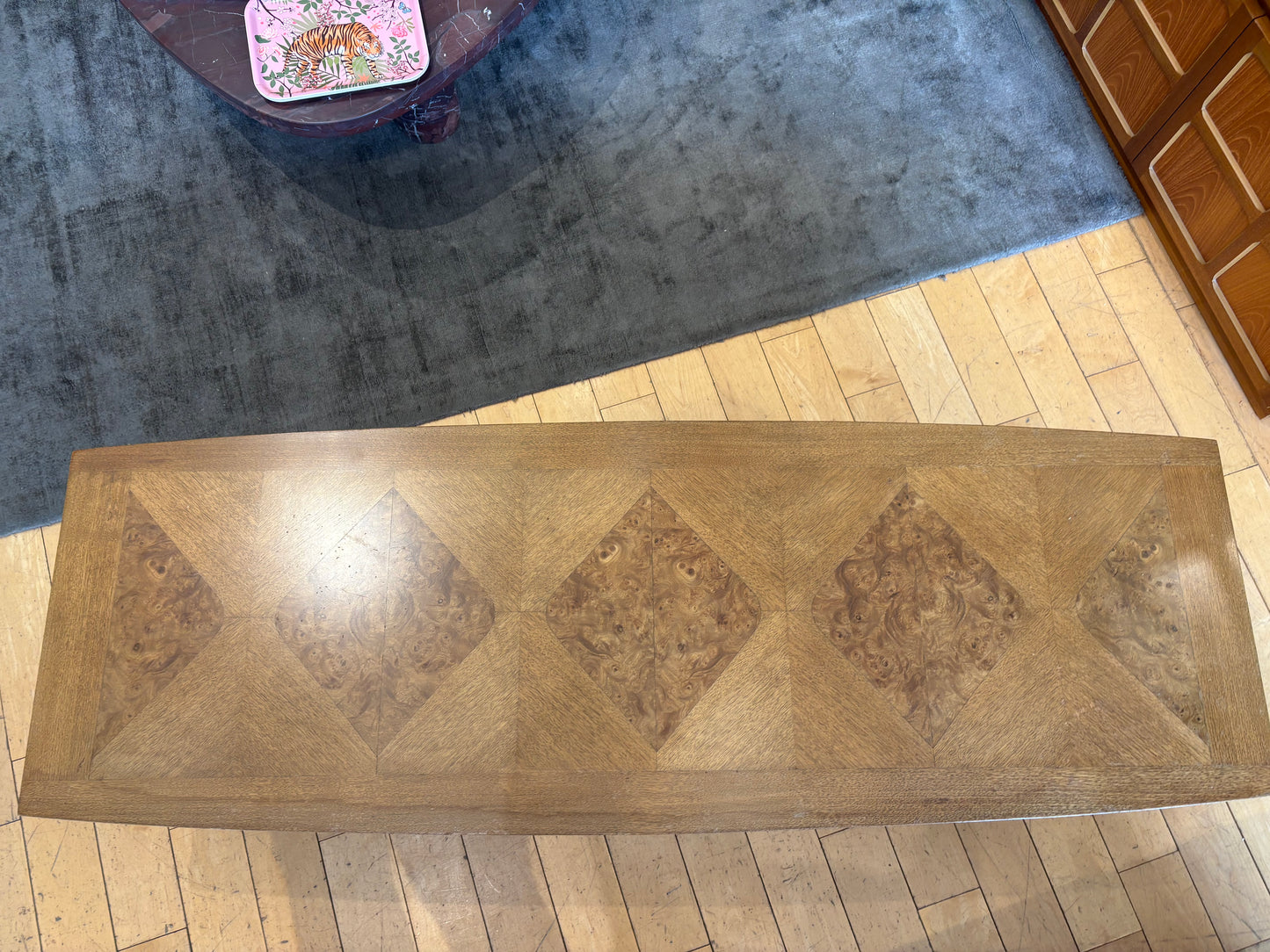 Walnut Coffee Table with Diamond Pattern and Brass Detail