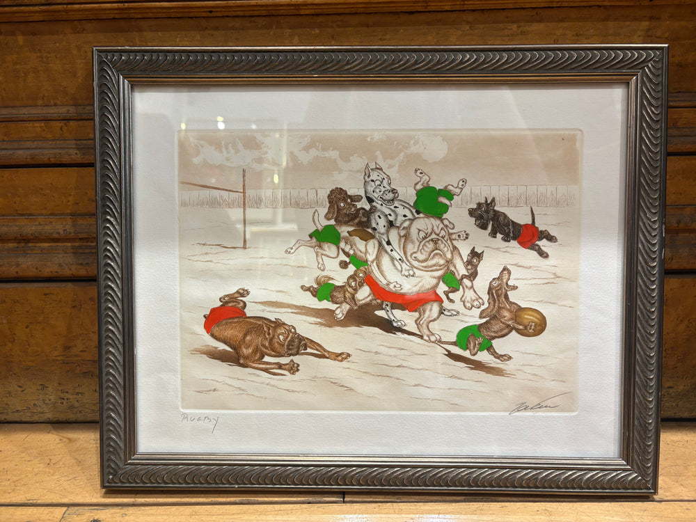 Signed Boris O'Klein "Rugby" Engraving with Hand Painting