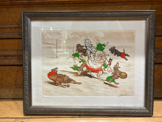 Signed Boris O'Klein "Rugby" Engraving with Hand Painting