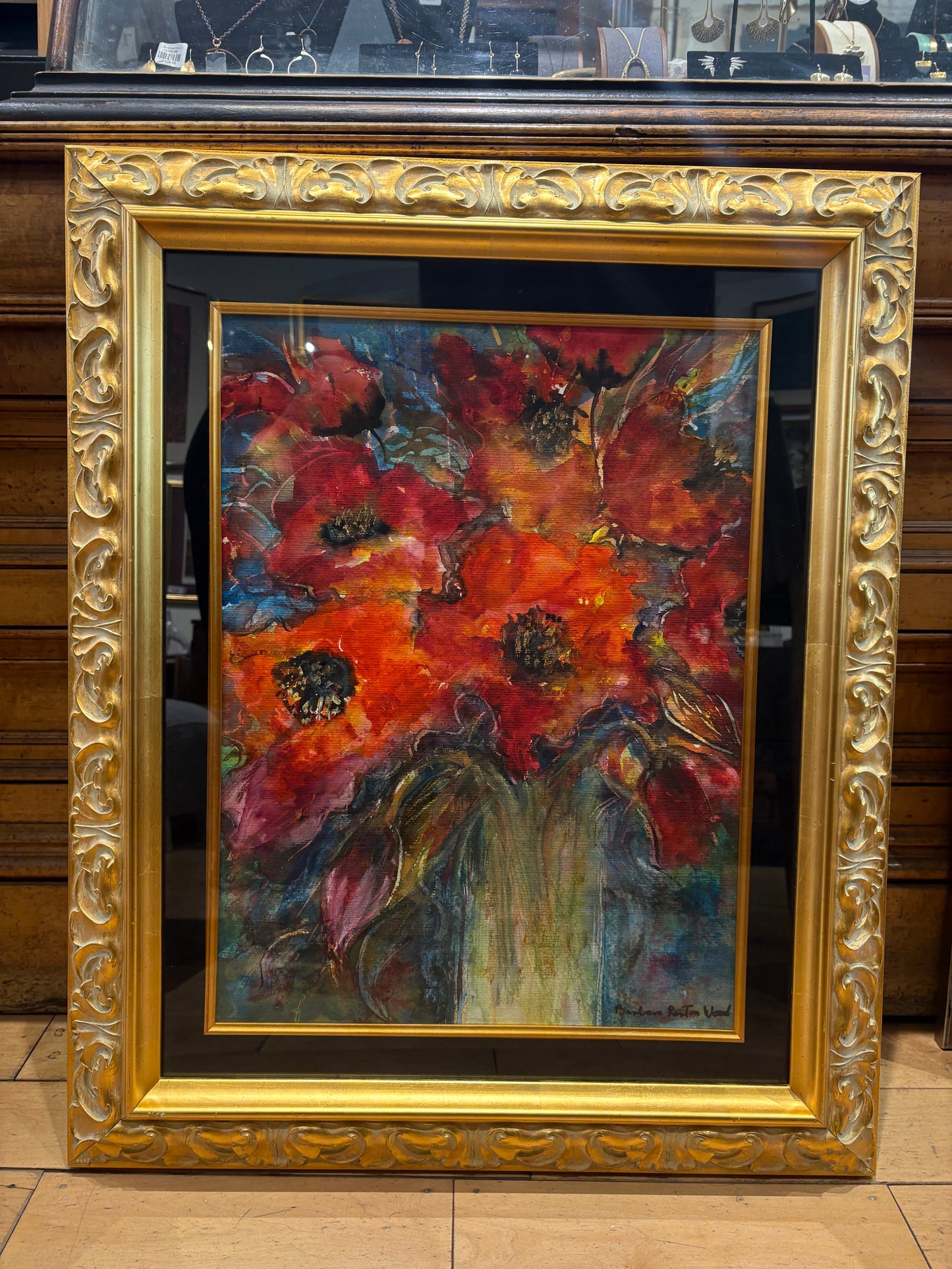 Signed Barbara Renton-Wood Red Poppies Gouche and Watercolor Painting