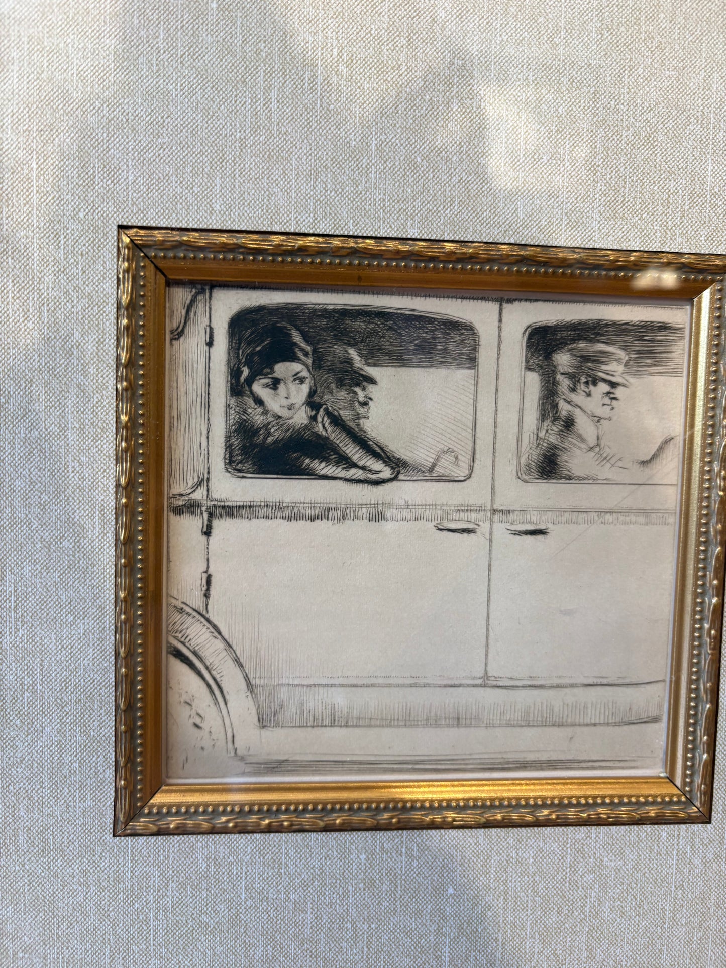 1930 Edgar Chahine "Le Femme Et L'Homme Bien, En Auto" Original Etching