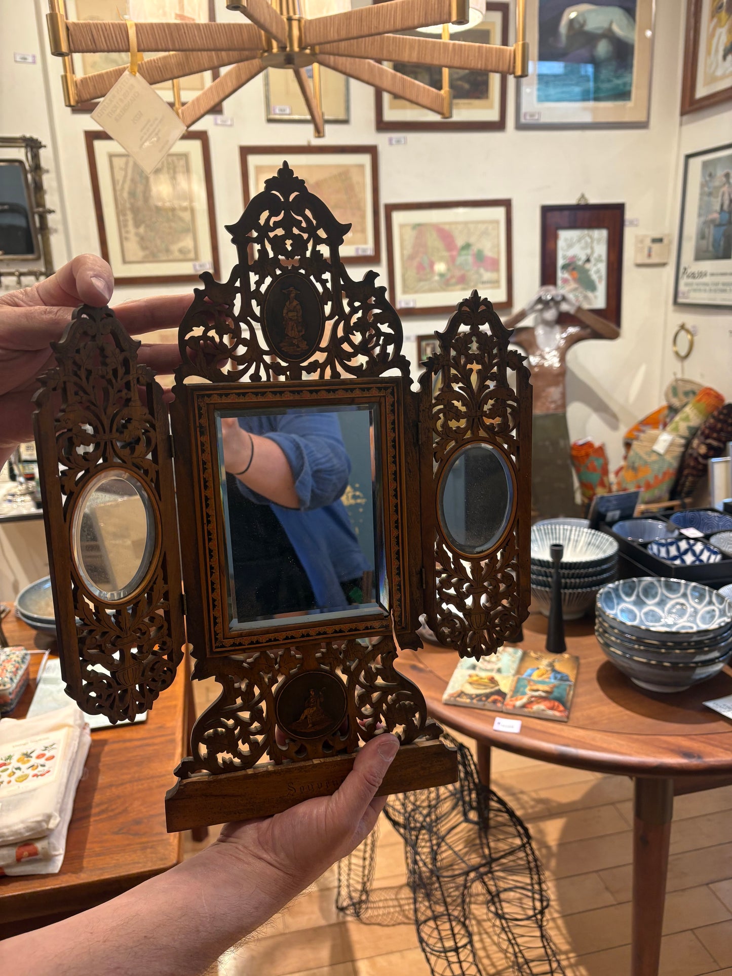 Antique Italian Trifold Inlaid Wood Mirror
