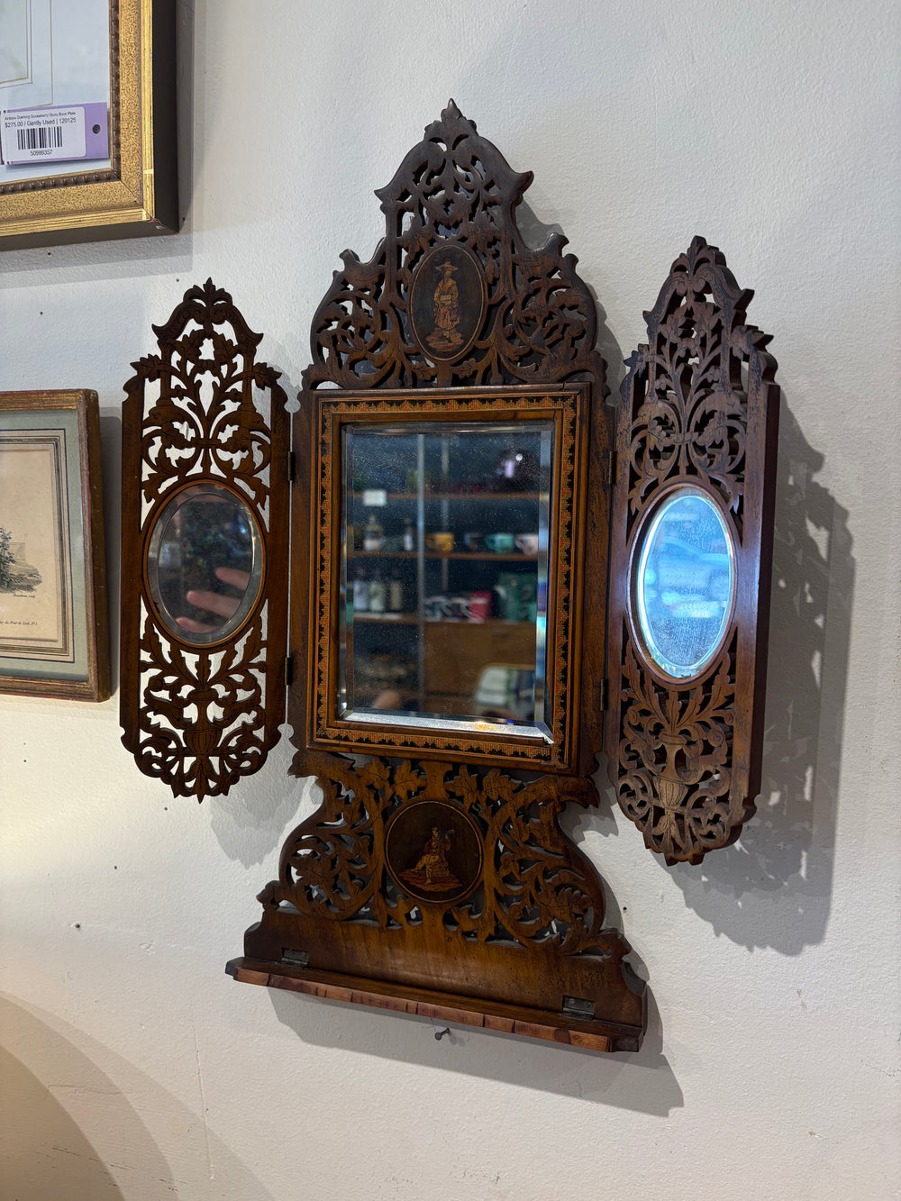 Antique Italian Trifold Inlaid Wood Mirror