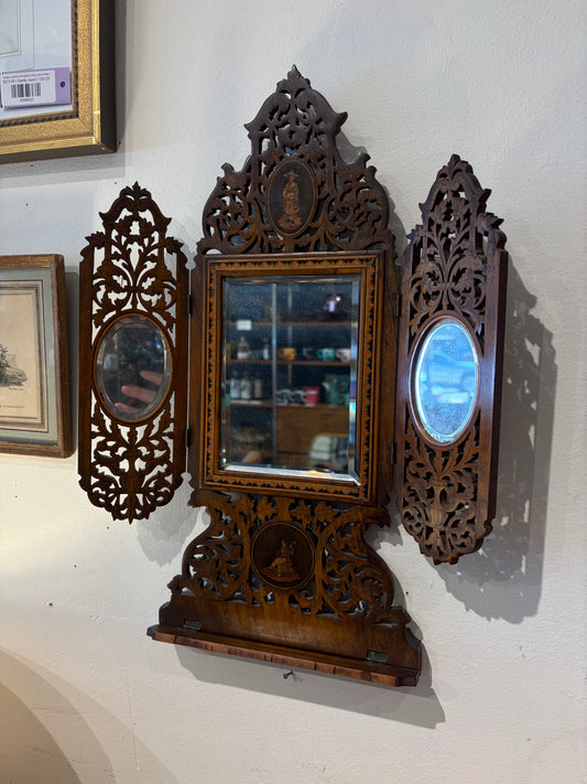 Antique Italian Trifold Inlaid Wood Mirror