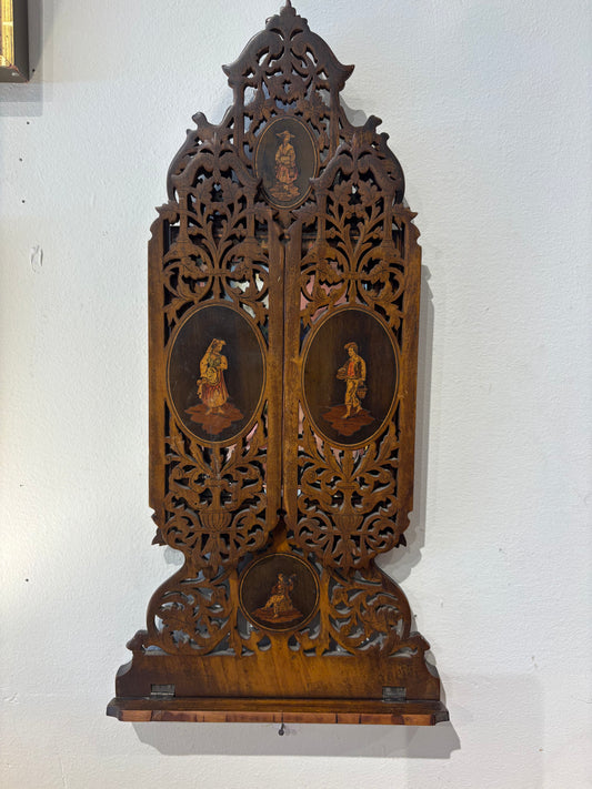 Antique Italian Trifold Inlaid Wood Mirror