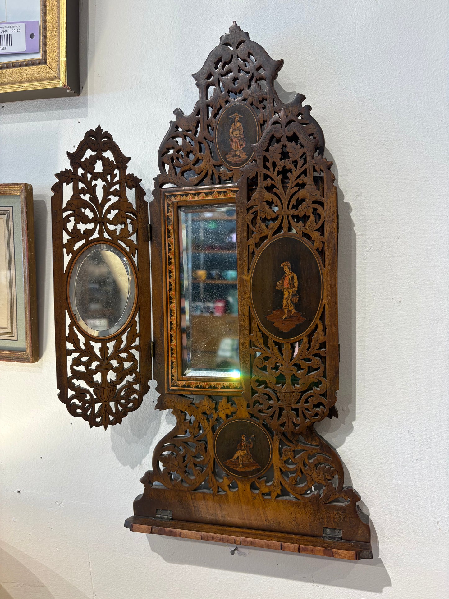 Antique Italian Trifold Inlaid Wood Mirror