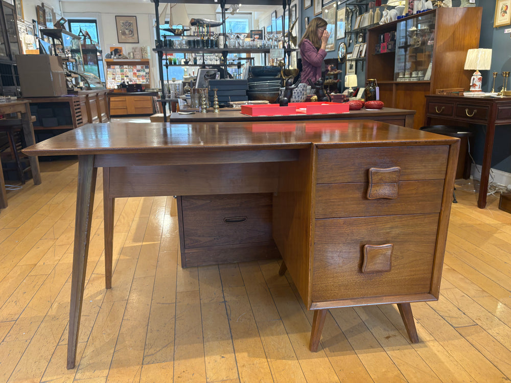Midcentury Desk with Two Drawers and Bookshelf Back