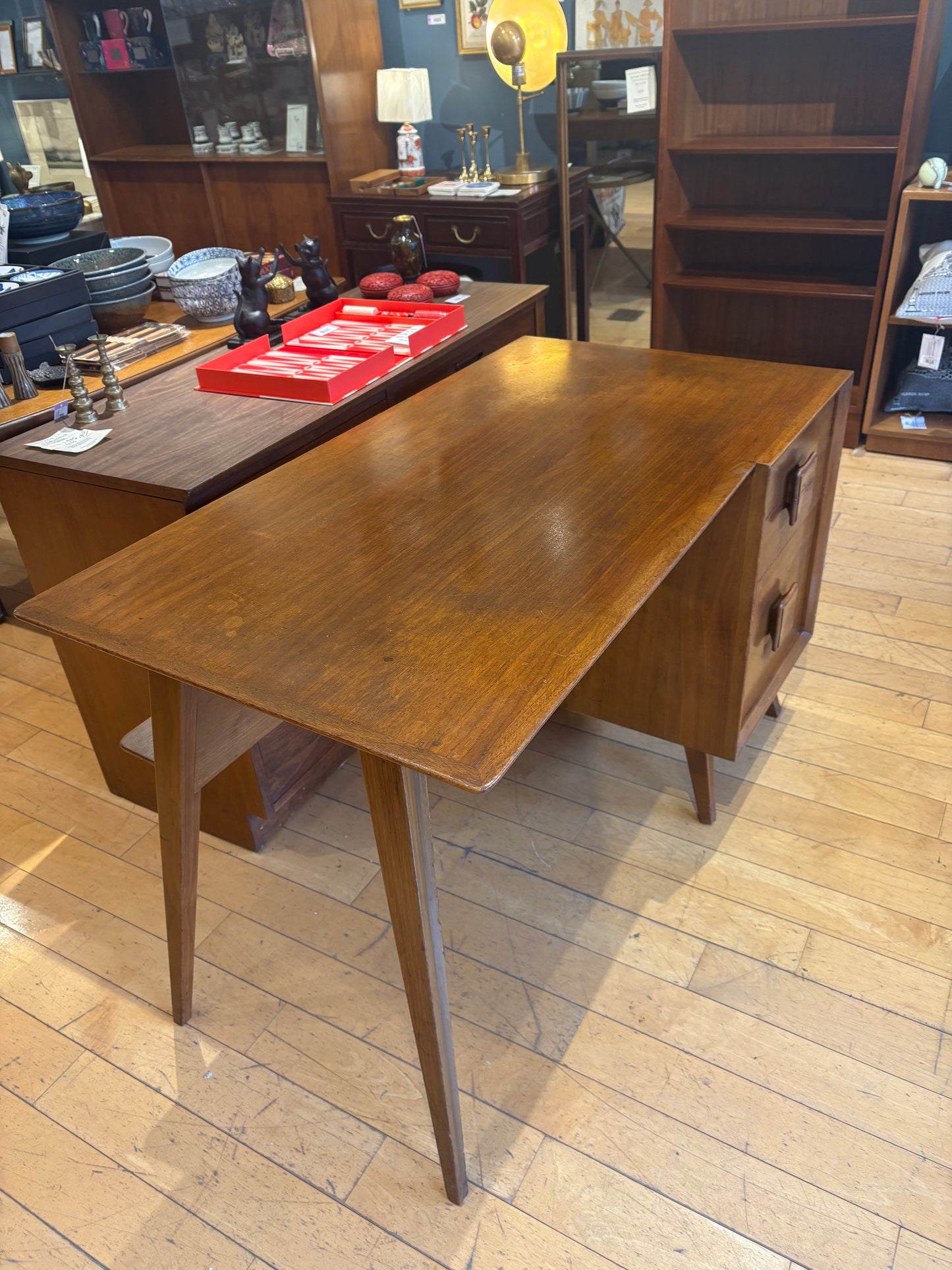 Midcentury Desk with Two Drawers and Bookshelf Back