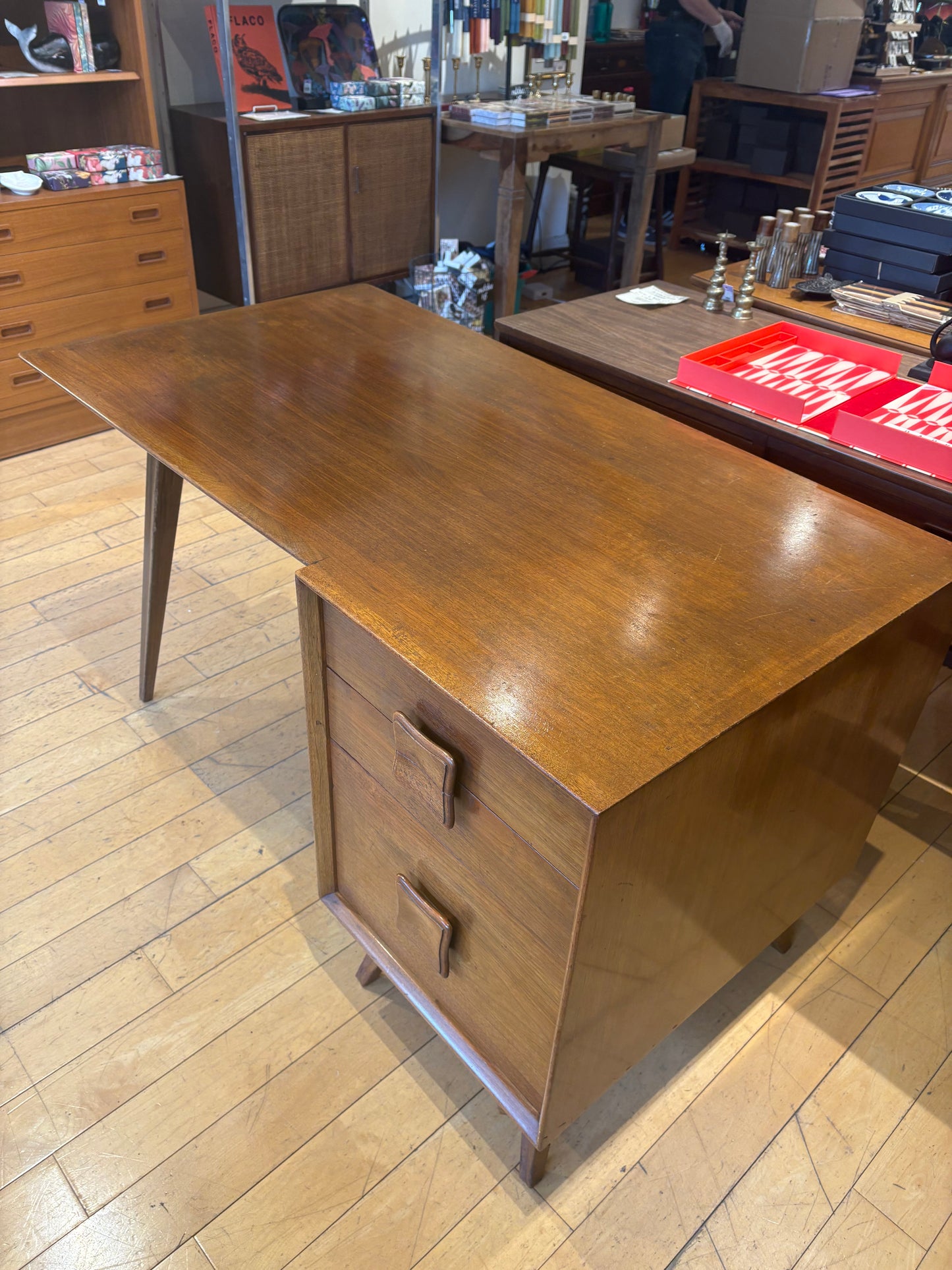 Midcentury Desk with Two Drawers and Bookshelf Back