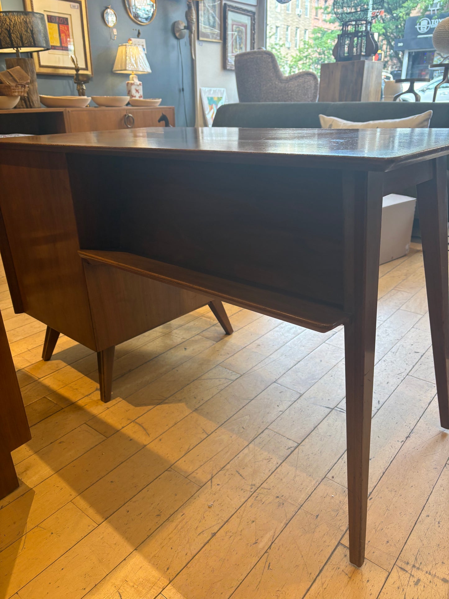 Midcentury Desk with Two Drawers and Bookshelf Back
