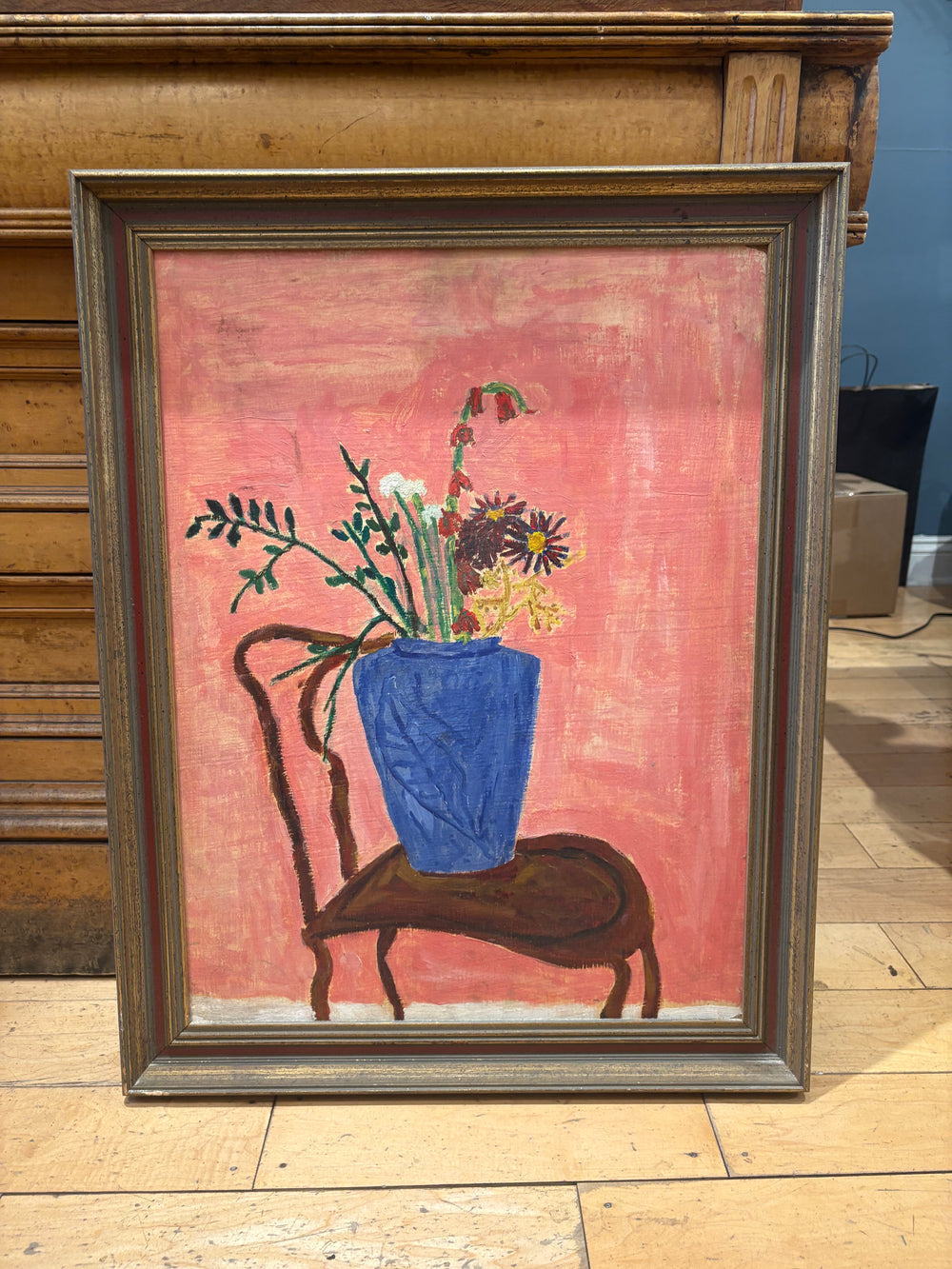 Still Life Painting of Blue Flower Vase on Chair