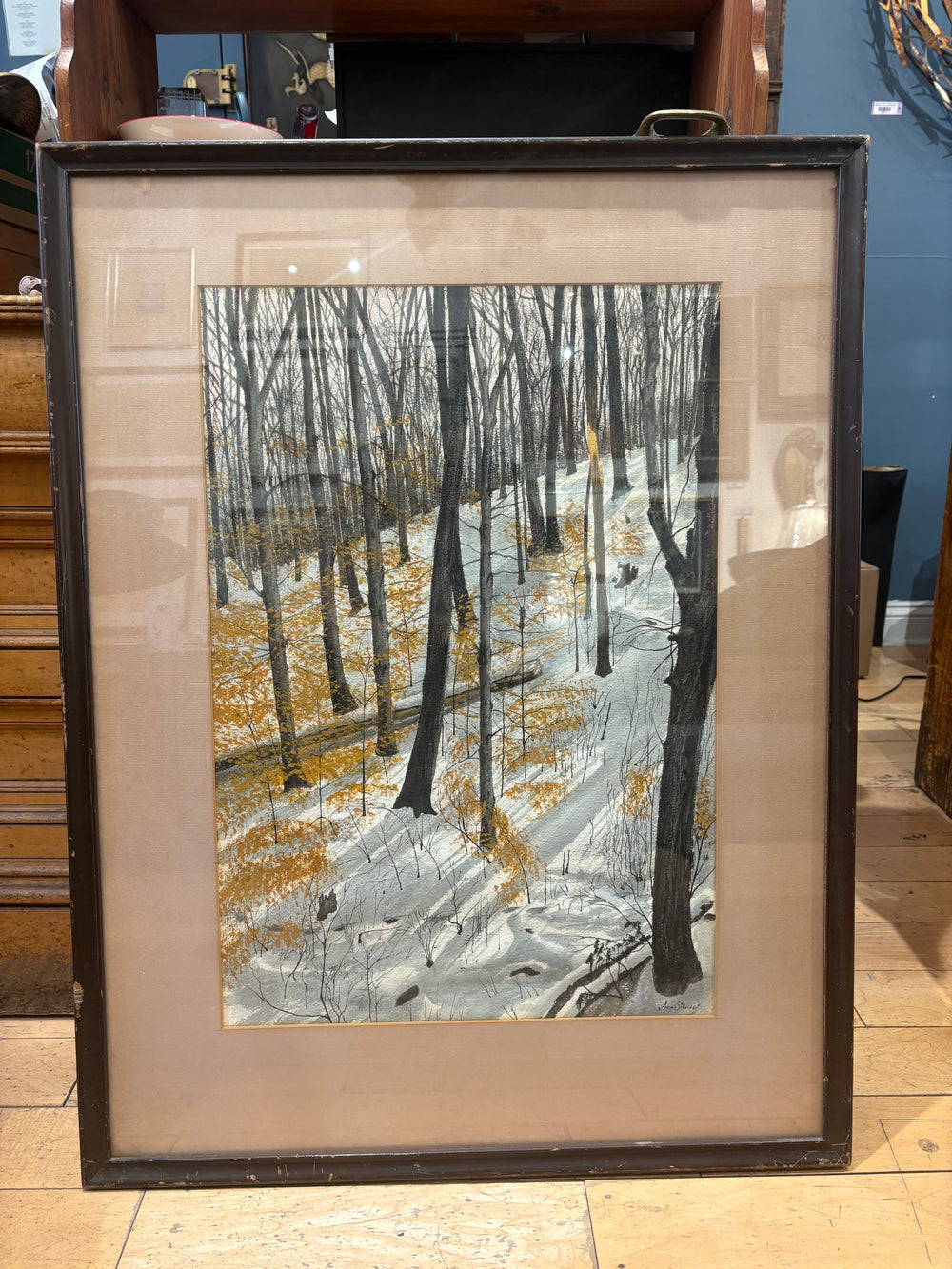 Signed John Silvasi Painting of Forest in Snowfall Scene