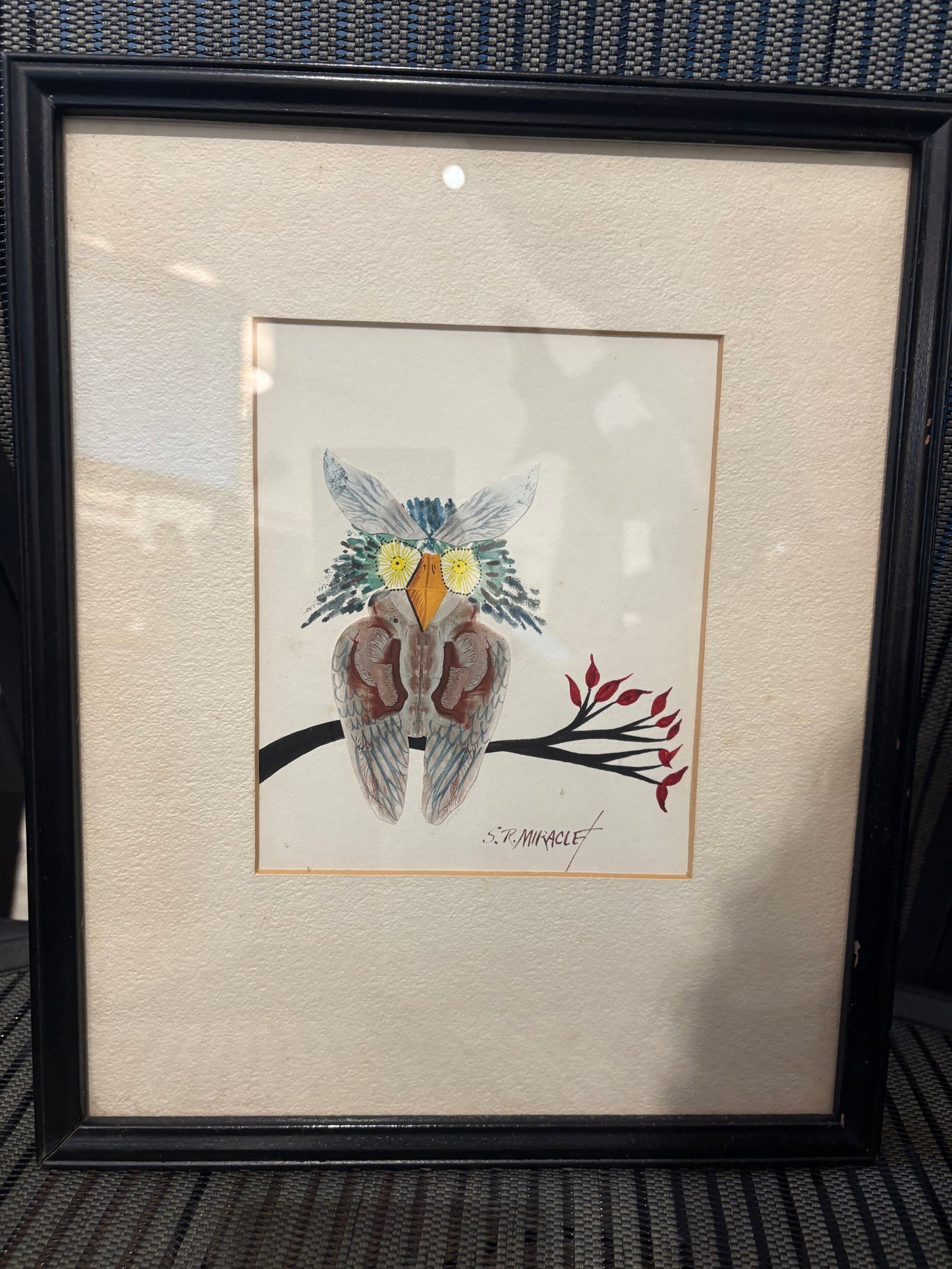 Signed S.R. Miracle Small Owl Collage Art