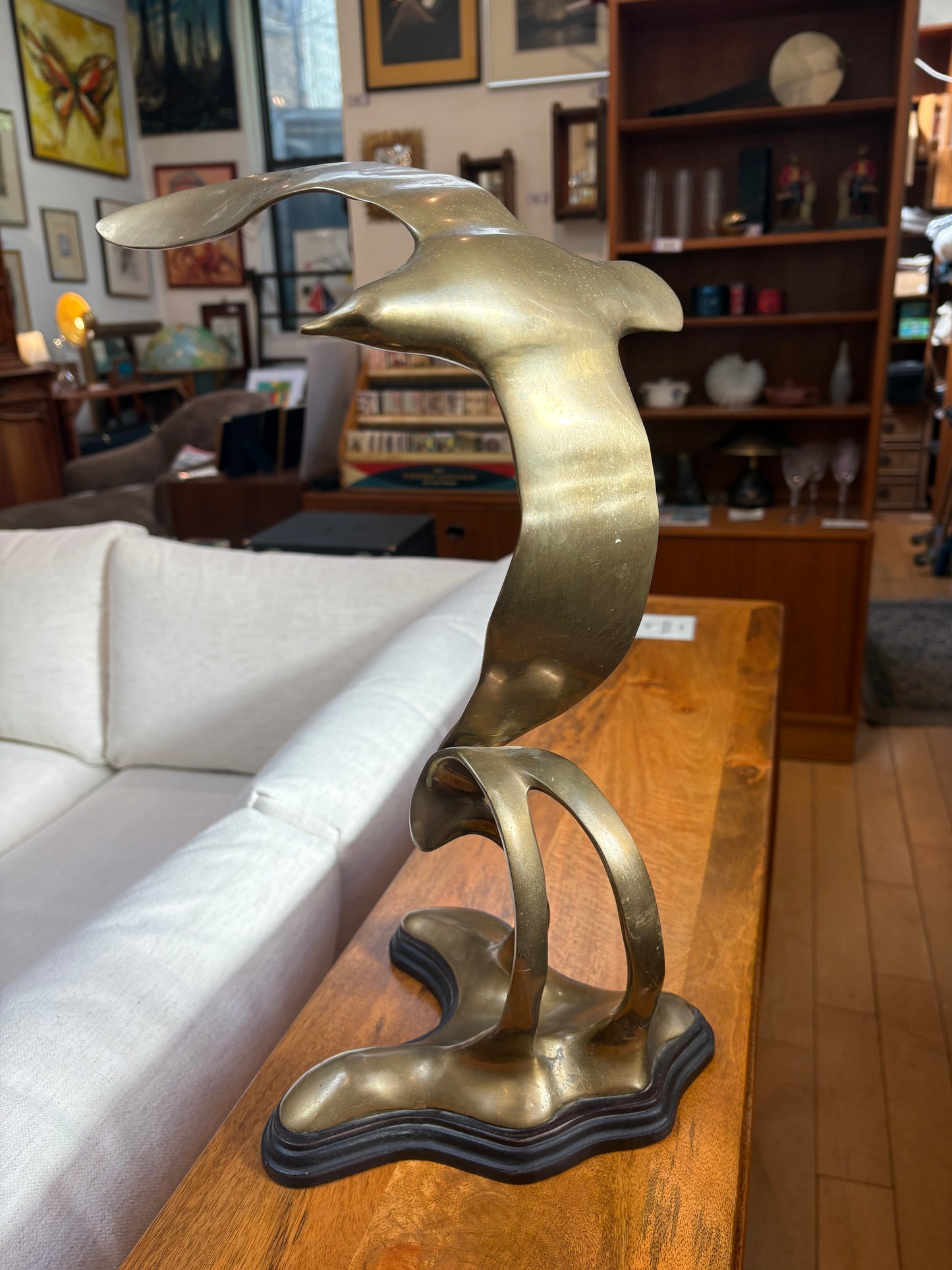 Vintage Brass Bird and Wave Sculpture
