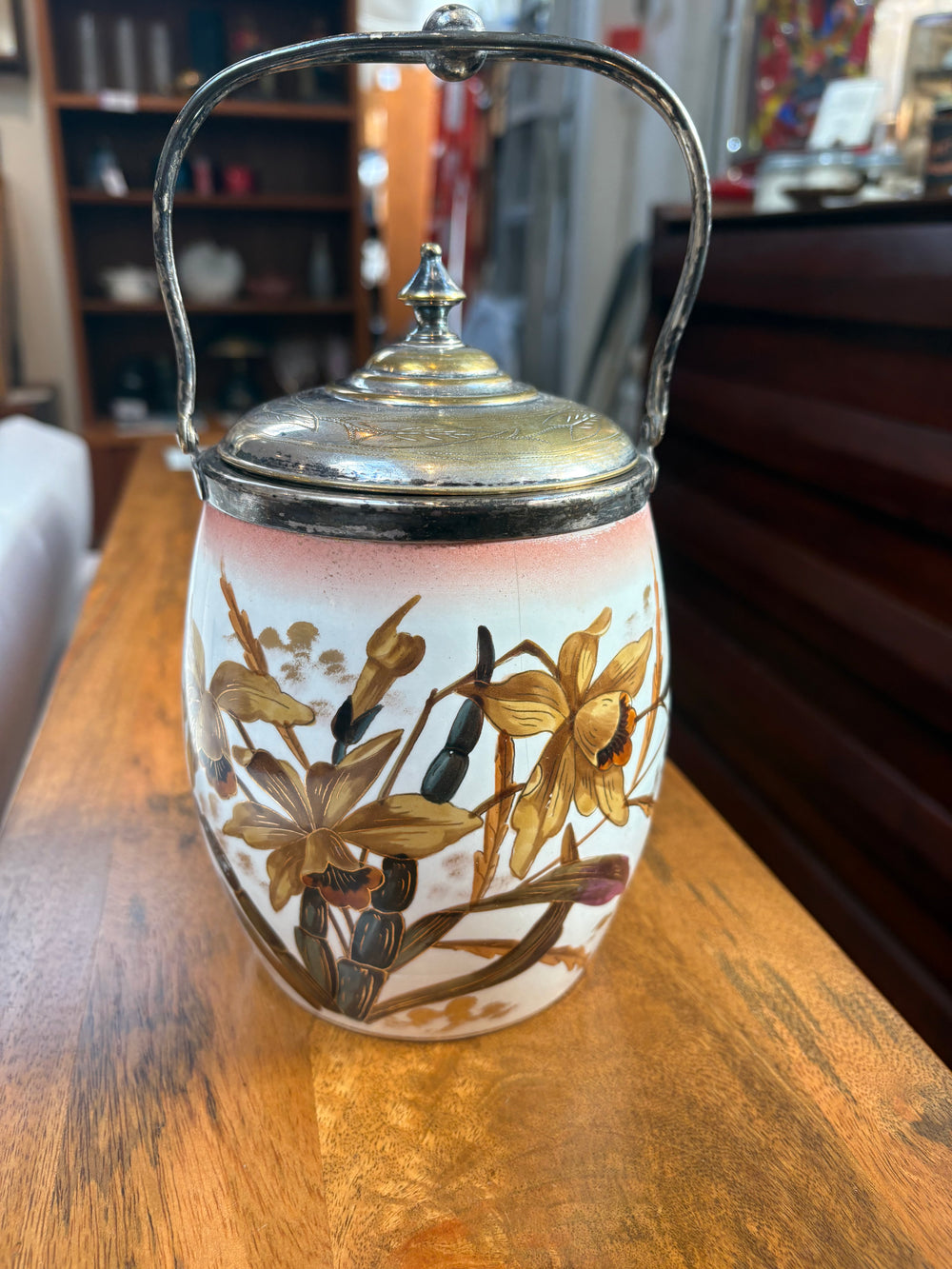 Victorian Hand Painted Biscuit Jar with Handle