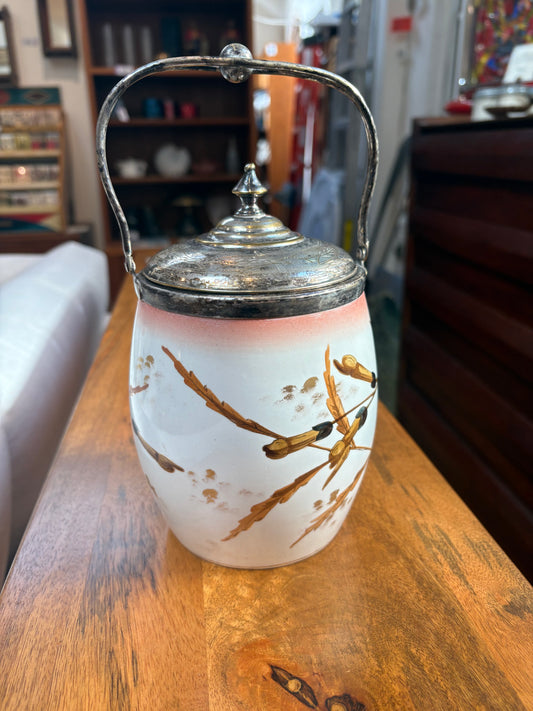 Victorian Hand Painted Biscuit Jar with Handle