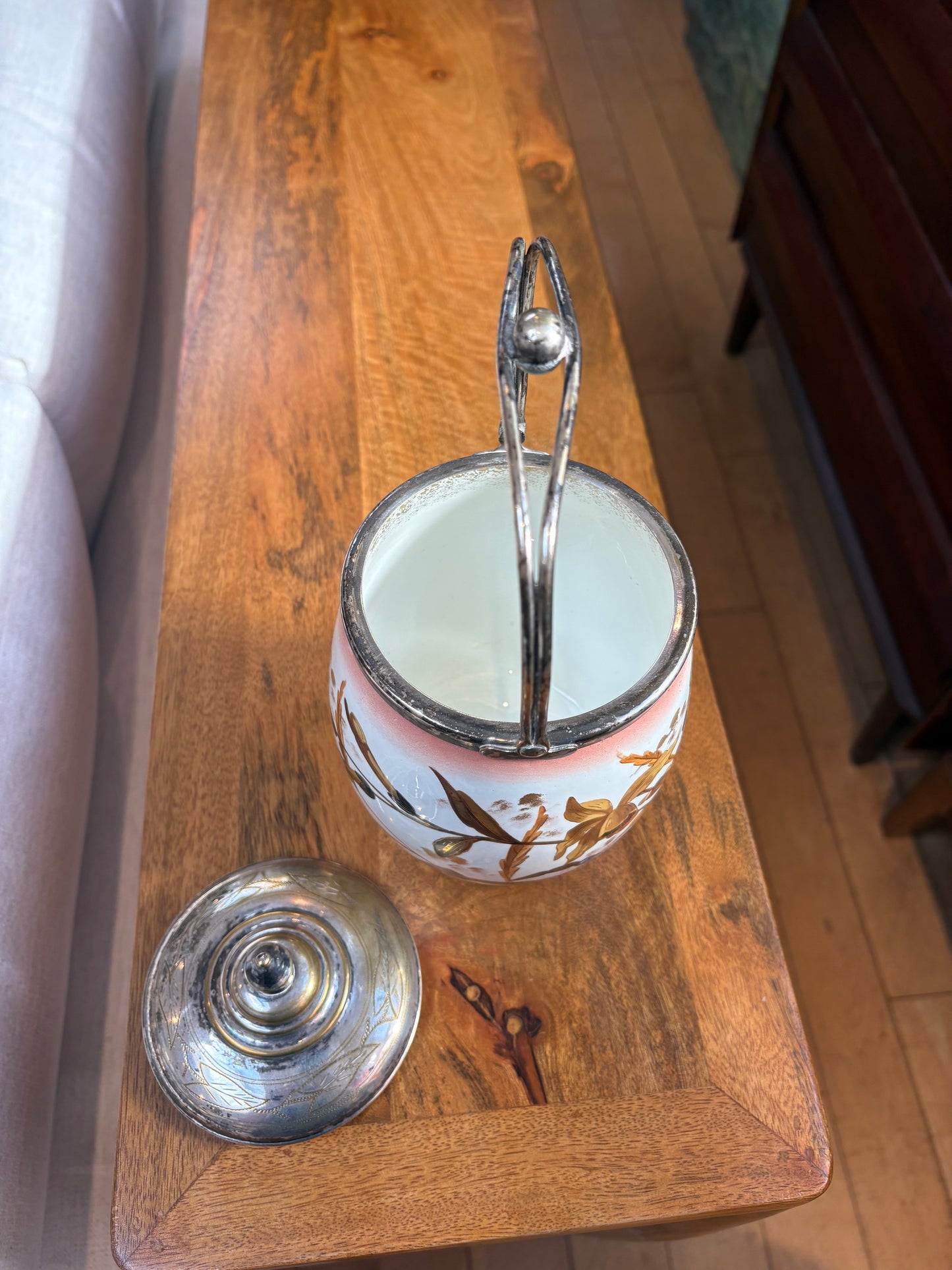 Victorian Hand Painted Biscuit Jar with Handle
