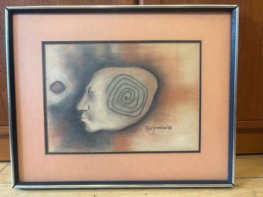 '68 Signed Tedd Johnson Pastel Drawing of Head and Spiral