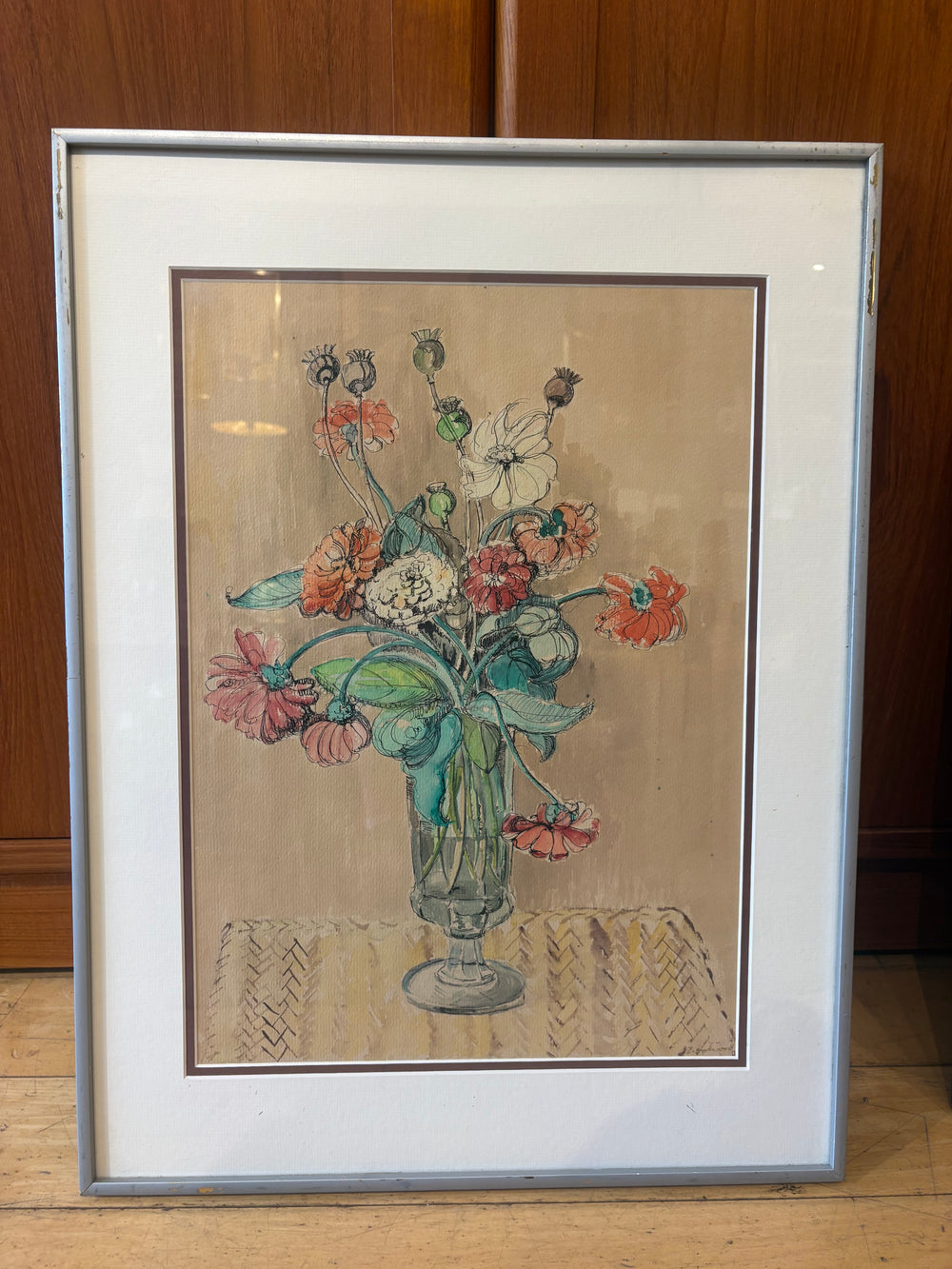 Signed Ink and Watercolor Vase of Flowers Illustration