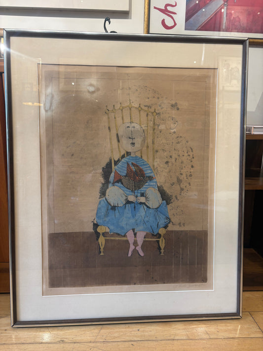 Signed Graciela Rodo Boulanger Seated Person  with Bird Etching