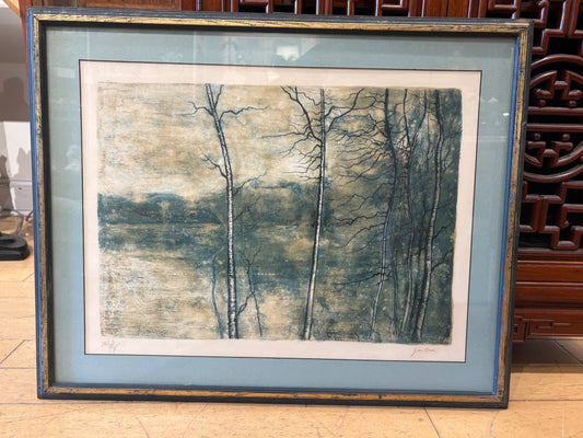 Signed Bernard Gantner Lake Scene with Trees Color Lithograph