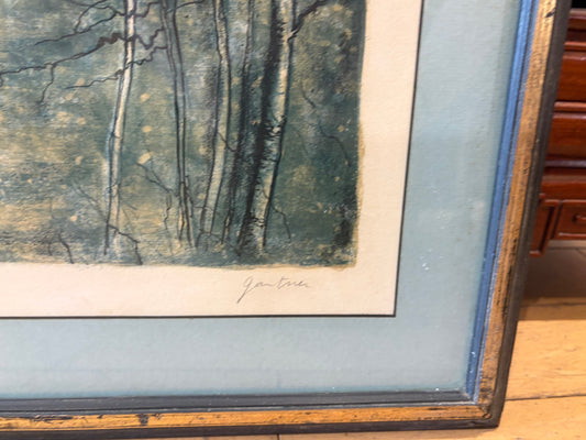 Signed Bernard Gantner Lake Scene with Trees Color Lithograph