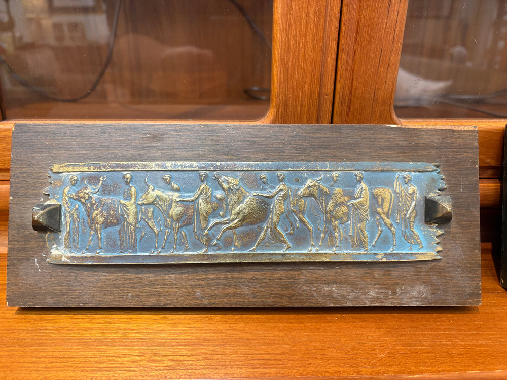 Greco-Roman Motif Patina Brass on Wood Plaque