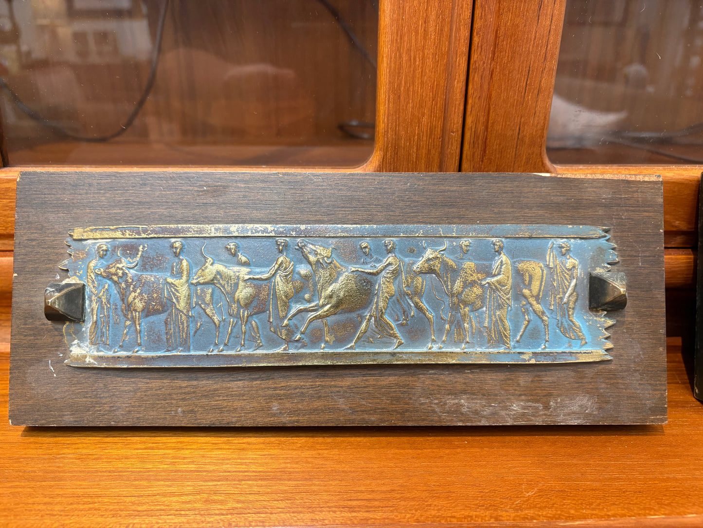 Greco-Roman Motif Patina Brass on Wood Plaque