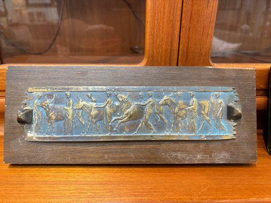 Greco-Roman Motif Patina Brass on Wood Plaque